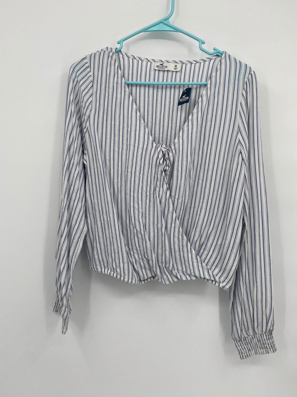 Hollister Blue White Stripe Long Sleeve Crop Wrap Top Medium NEW
